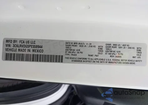 2023 Ram Promaster 2500 High Roof 159 Wb from USA, damaged, VIN 3C6LRVDG5PE558944